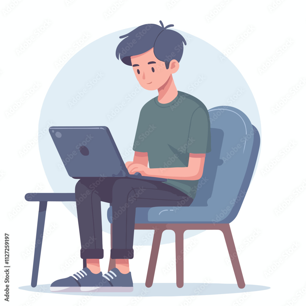 a boy is using his laptop vector a boy is using his laptop vector