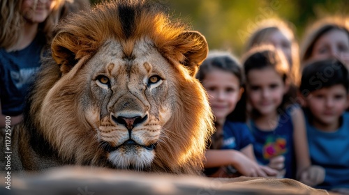 A striking lion gazes intently while surrounded by curious children, symbolizing strength and connection to nature, capturing a heartfelt encounter between wildlife and humanity. photo