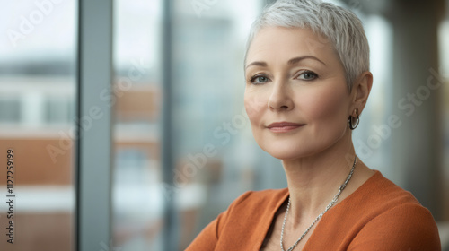 Portrait of a confident mature businesswoman with short gray hair, wearing an orange shirt and silver necklace in a modern office Free Download Portrait of a confident mature businesswoman with short gray hair, wearing an orange shirt and silver necklace in a modern office - GFXLoad