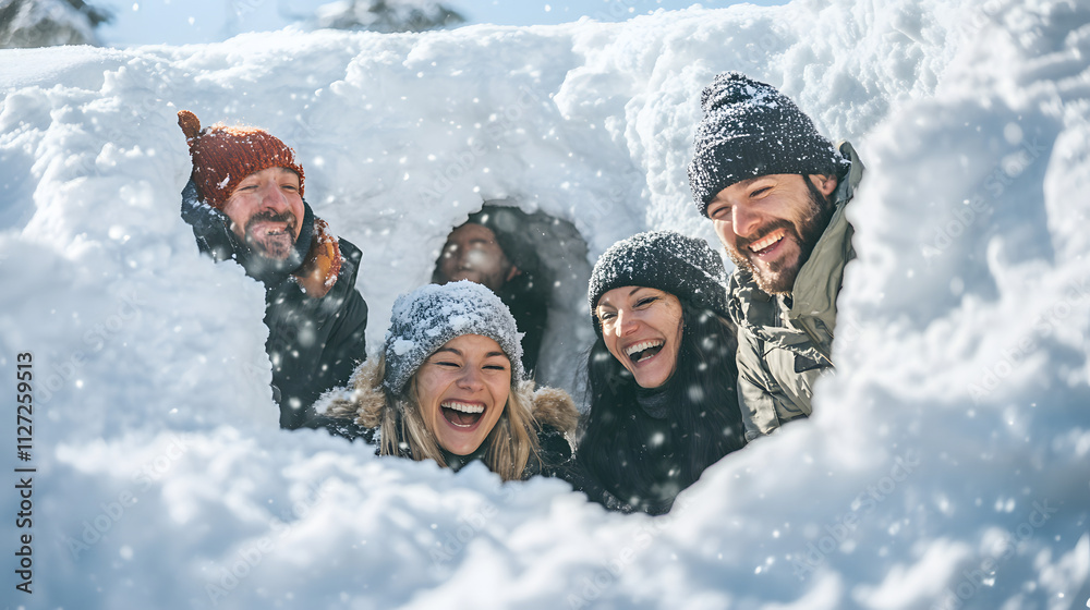A group of coworkers laughing and building a snow fort during a winter team outing.