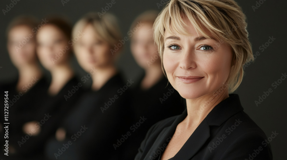 Successful businesswoman leading her team with a confident smile, showcasing teamwork and leadership in a corporate setting Successful businesswoman leading her team with a confident smile, showcasing teamwork and leadership in a corporate setting