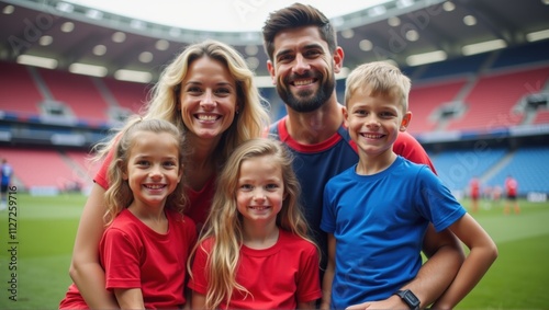 A joyful family enjoying a soccer match at the stadium, dressed in team jerseys, sharing laughter and excitement. Generative, AI
