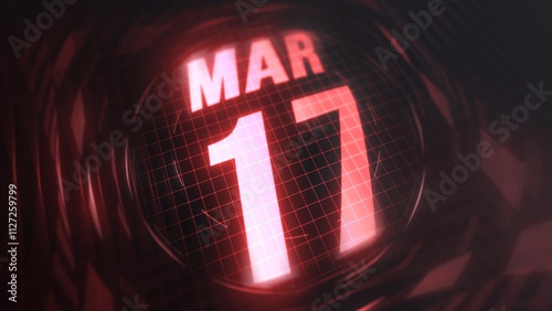 March 17st, hud calendar with neon red sign in 4k. Calendar with number and month with grid background. photo