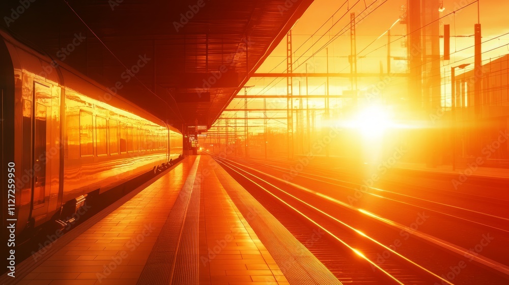 Train at platform during sunset. Train at platform during sunset.