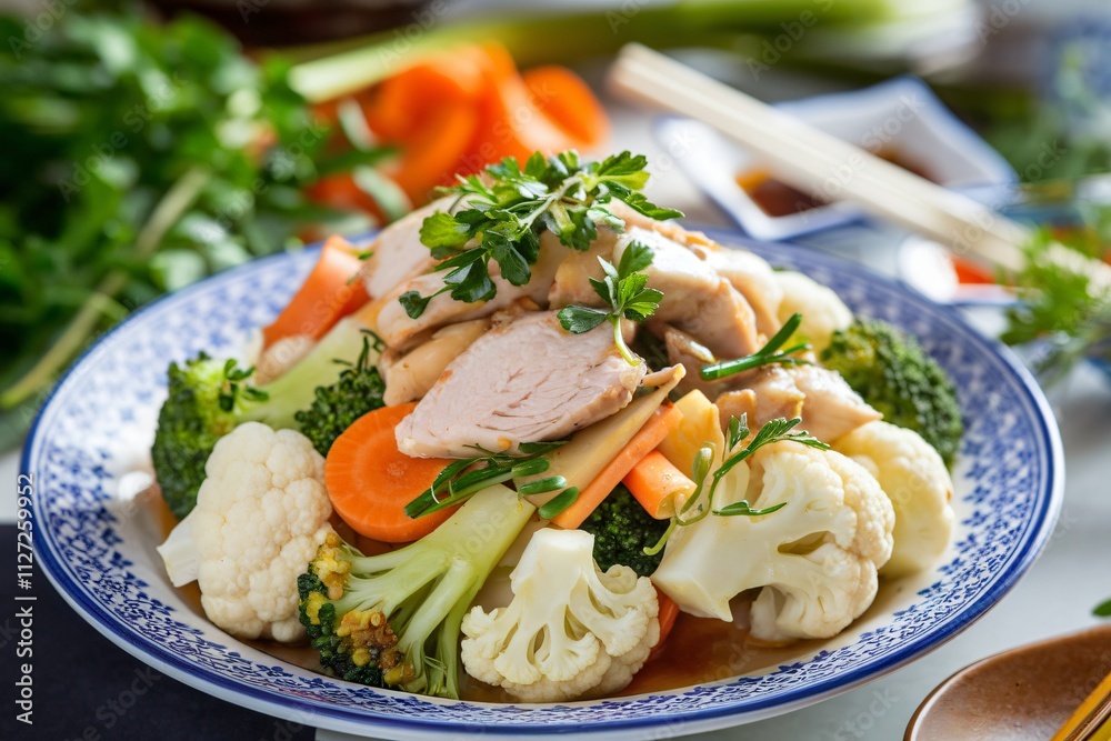close-up shot of a plate of stir-fried vegetables with chicken. close-up shot of a plate of stir-fried vegetables with chicken.