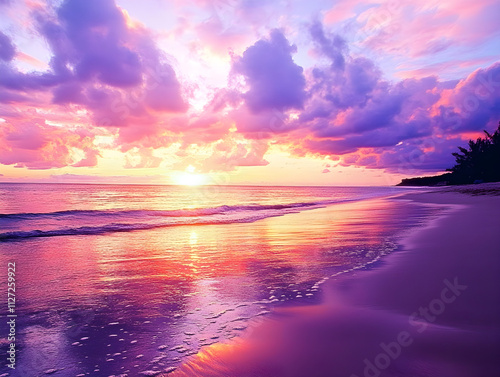 "Stunning Sunset Over Serene Beach: Vibrant Colors Reflected on Tranquil Waves at Dusk"