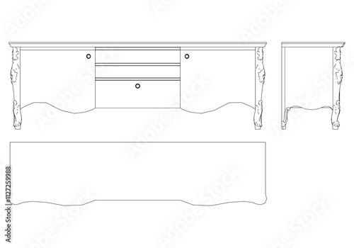 Sideboard for the living room hand-painted in different sizes and types, Elegant baroque and classical designs. Vector Illustration with Front, Side, and Top Views
