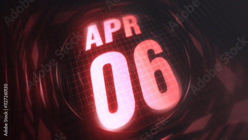 April 6st, hud calendar with neon red sign in 4k. Calendar with number and month with grid background. photo