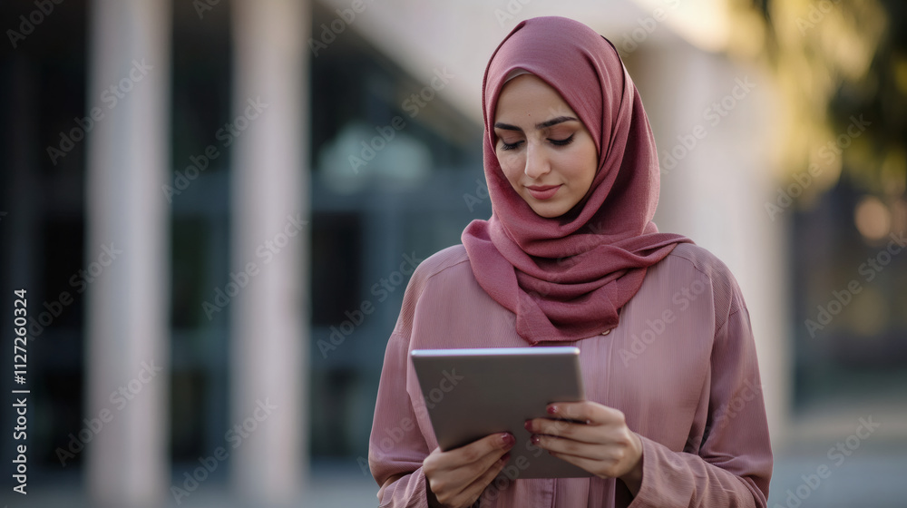 Modern muslim businesswoman navigating digital world with tablet, showcasing connection of technology, tradition, and female empowerment in urban environment Modern muslim businesswoman navigating digital world with tablet, showcasing connection of technology, tradition, and female empowerment in urban environment