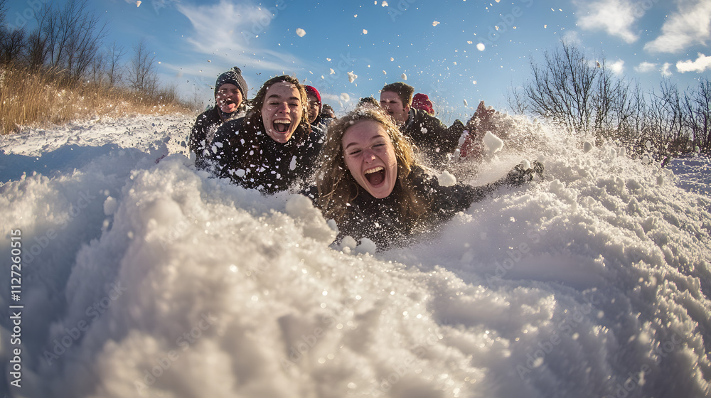 A group of friends laughing as their sled tips over spilling them into the snow.