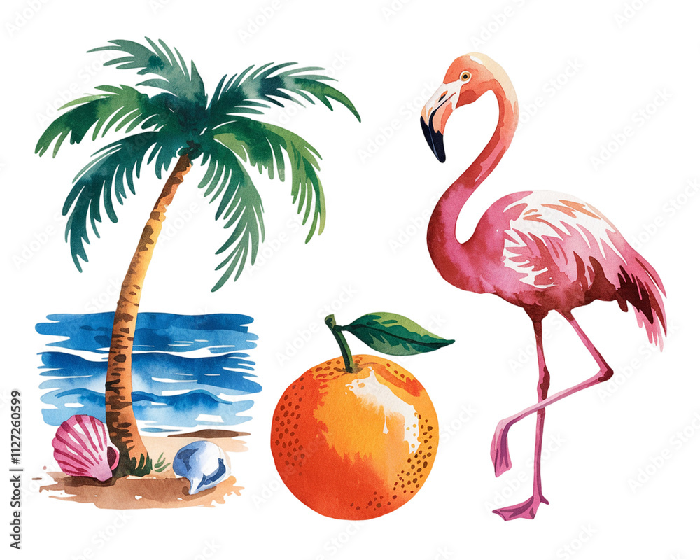 Fototapeta premium Colorful tropical scene featuring a palm tree, flamingo, and orange fruit by the ocean