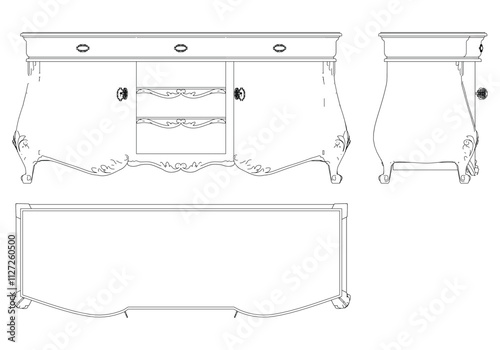 Sideboard for the living room hand-painted in different sizes and types, Elegant baroque and classical designs. Vector Illustration with Front, Side, and Top Views