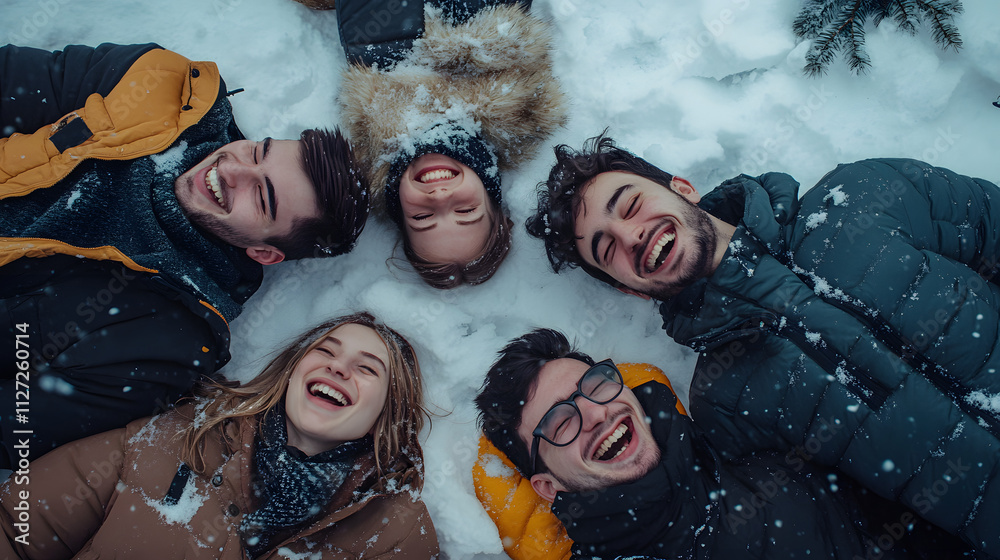 A group of friends lying in the snow posing and laughing together for a spontaneous photo.