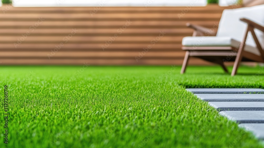 Bright and inviting backyard of a modern American townhouse showcases vibrant green grass, a stylish wooden fence, and a blue stone walkway enhancing outdoor aesthetics Bright and inviting backyard of a modern American townhouse showcases vibrant green grass, a stylish wooden fence, and a blue stone walkway enhancing outdoor aesthetics
