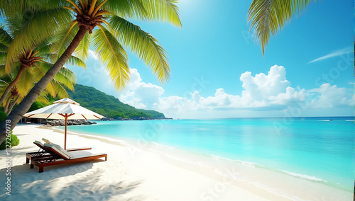 Deckchairs And Parasol With Palm Trees, sunny day, clear blue sky, tranquil seascape, vacation destination, relaxatio photo