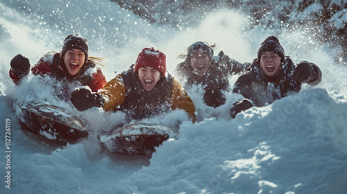 A group of friends racing on sleds laughing as they tumble into the snow at the bottom.