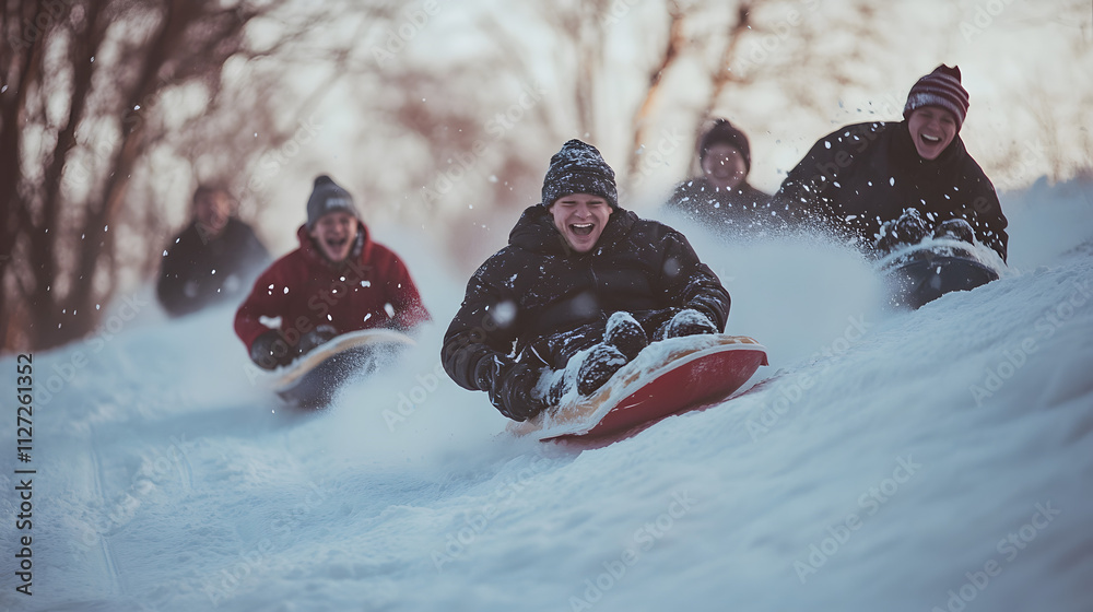 A group of friends racing their sleds down a steep powdery hill.