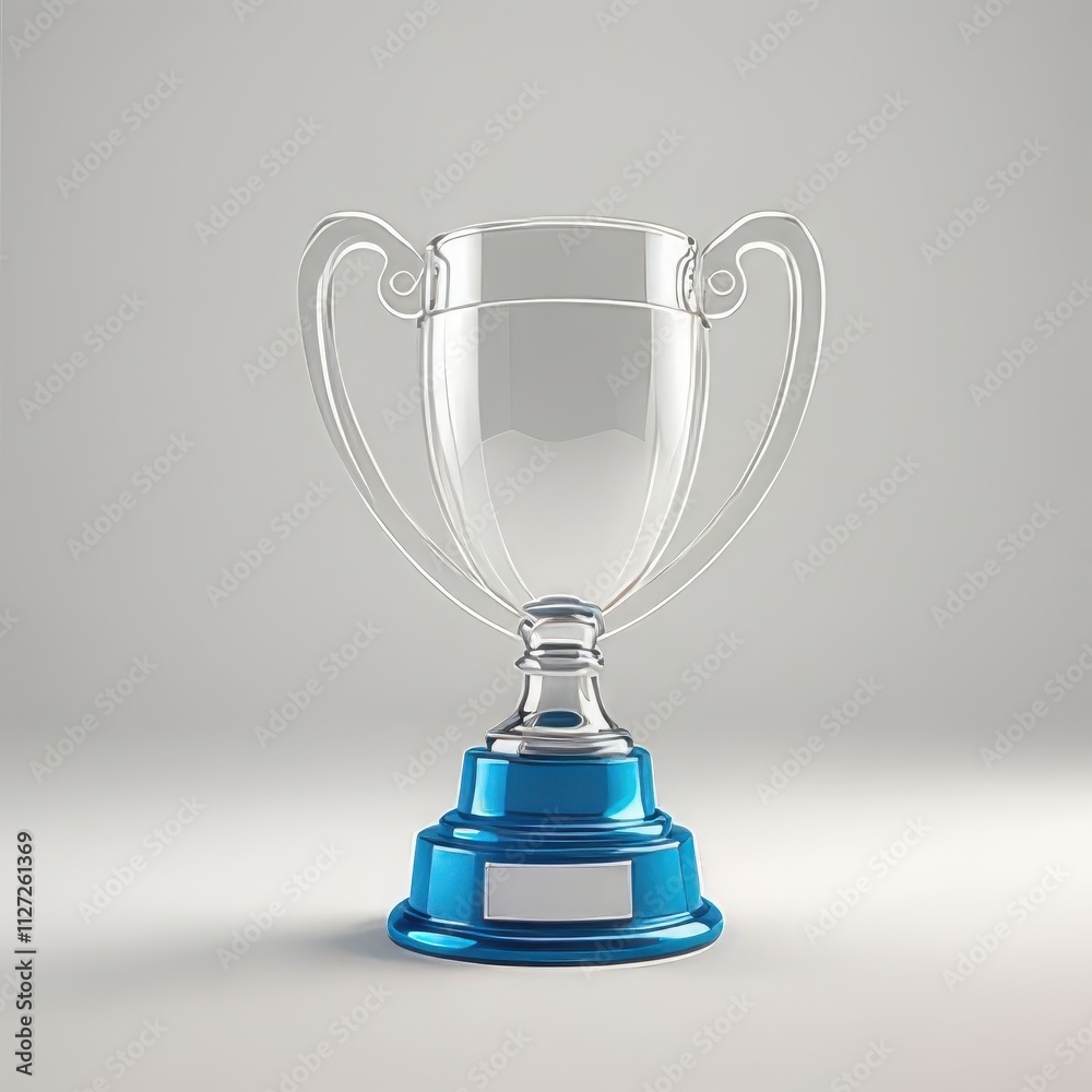 Clear glass trophy with blue base and blank plate.