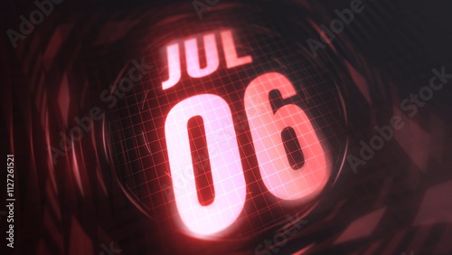 July 6st, hud calendar with neon red sign in 4k. Calendar with number and month with grid background. photo