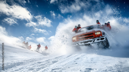 Obraz na płótnie A group of friends skiing behind a pickup truck holding onto tow ropes as they glide over deep snow. w salonie