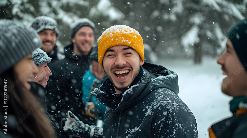 A group of friends smiling and forming teams for an organized snowball battle.