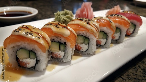 Delicious rainbow sushi roll platter with soy sauce, wasabi, and pickled ginger.