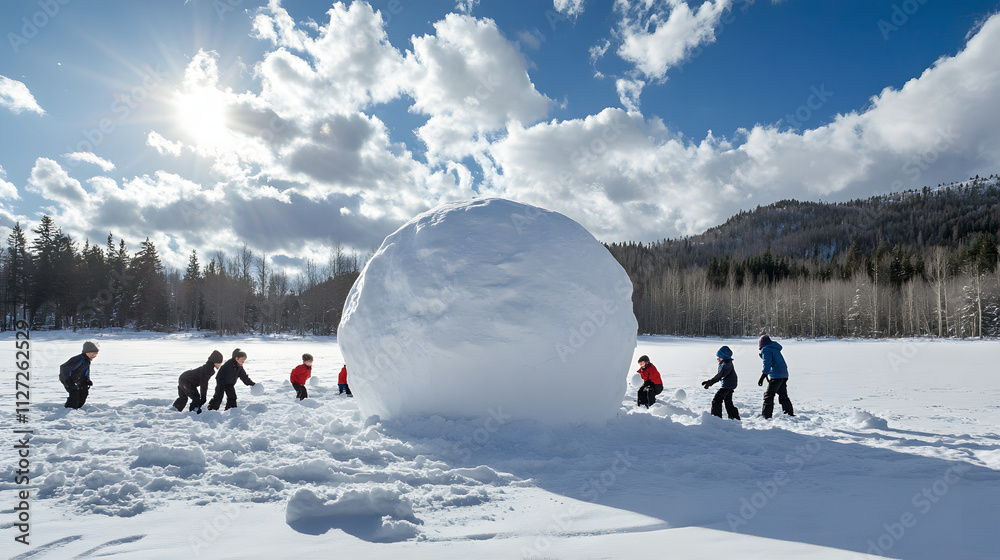 A group of kids rolling giant snowballs to create a massive snowman in an open field.