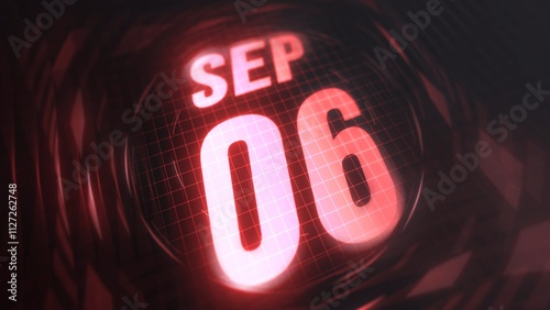 September 6st, hud calendar with neon red sign in 4k. Calendar with number and month with grid background. photo