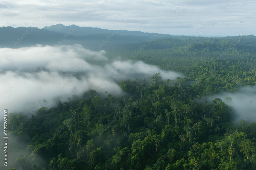 Aerial view of foggy wooded mountain range in the morning Aerial view of foggy wooded mountain range in the morning