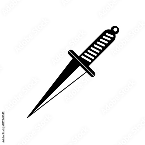 Minimalist Dagger Silhouette Vector Illustration. The design features a straight blade with sharp, clean lines and a distinct crossguard that divides the handle from the blade.