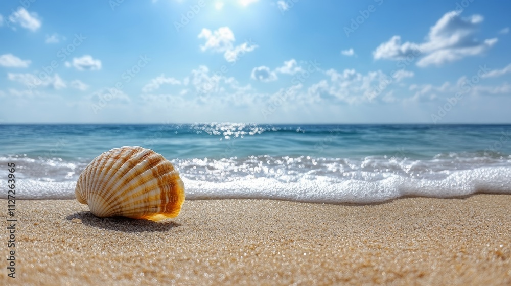 Serene beach scene with a shell on golden sand and blue sky Serene beach scene with a shell on golden sand and blue sky