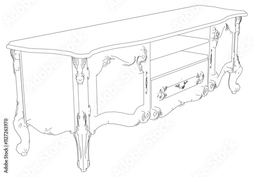 Elegant antique sideboard furniture and home interior decorations in trendy vintage retro style. Modern hand drawn black sketch vector illustrations isolated on white background
