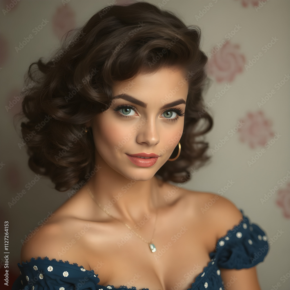 Una figura femenina cautivadora de cabello castaño y un vestido azul resplandeciente. Una figura femenina cautivadora de cabello castaño y un vestido azul resplandeciente.
