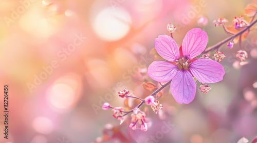 A beautiful pink flower on a delicate branch, surrounded by soft, blurred pastel tones in the background, creating a tranquil and dreamy composition. AI generated.