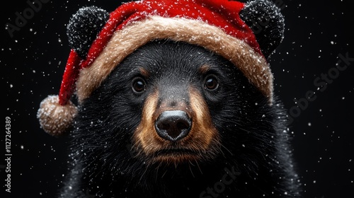 Cheerful bear wearing a santa hat in a snowy background photo