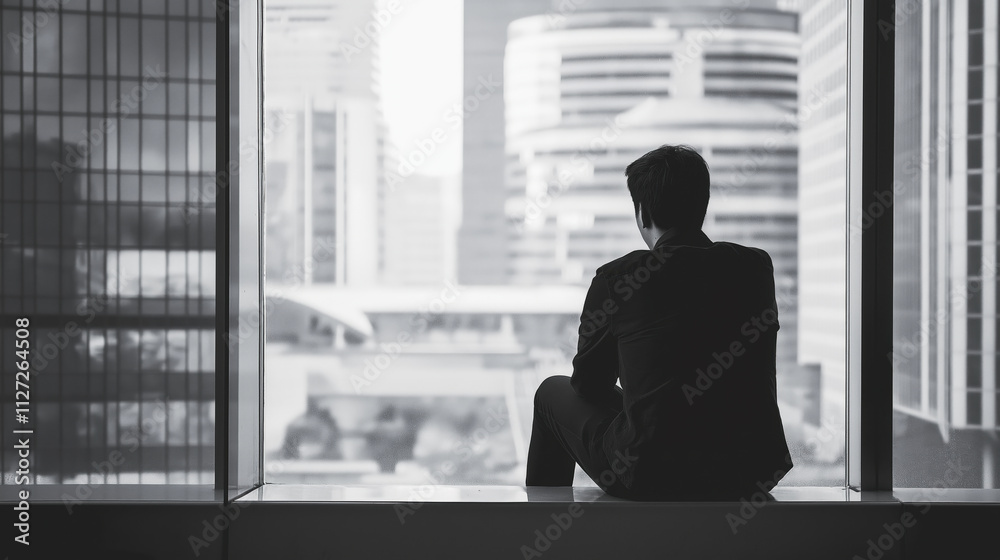 Fototapeta premium Reflection captures a solitary figure gazing out at an expansive cityscape, surrounded by towering skyscrapers that embody urban ambition and solitude.