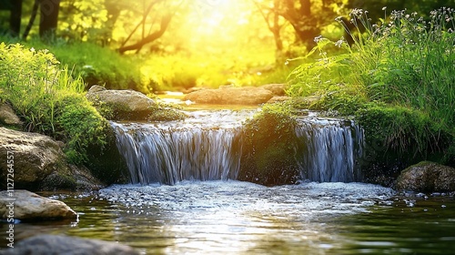 Serene sunlit stream cascading over mossy rocks in lush green forest.