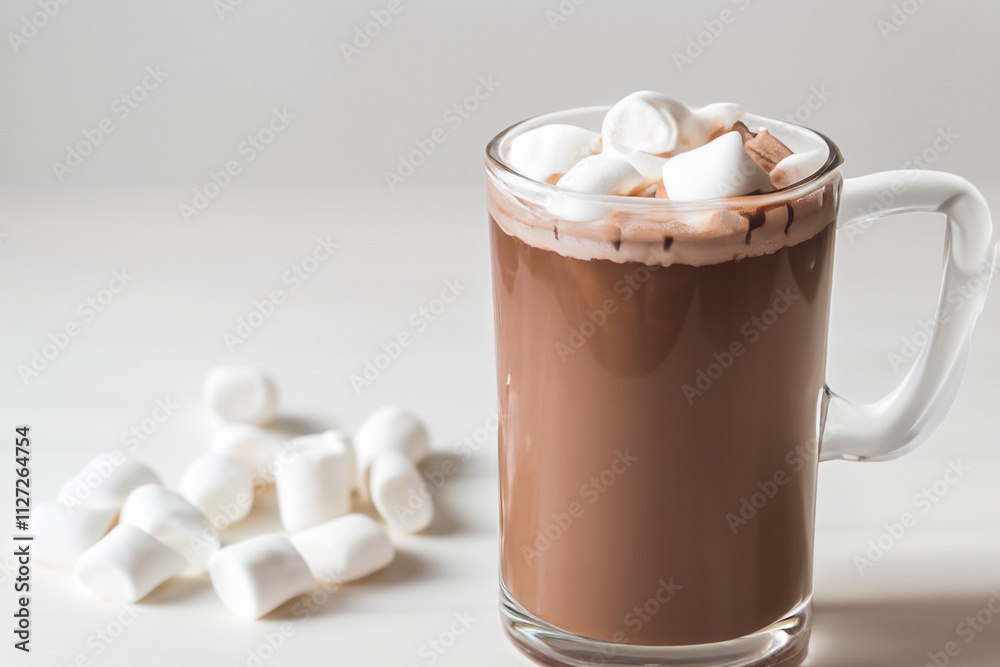 Hot chocolate with marshmallows in mug. Chocolate covered marshmallow on gray background. Glass of chocolate with brown marshmallow on a gray background. A glass of chocolate with a gray lifestyle.