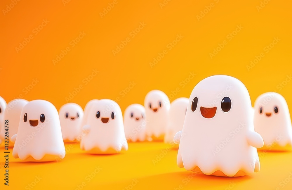 Cute cartoon ghosts on orange background.