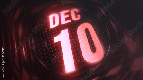 December 10st, hud calendar with neon red sign in 4k. Calendar with number and month with grid background. photo