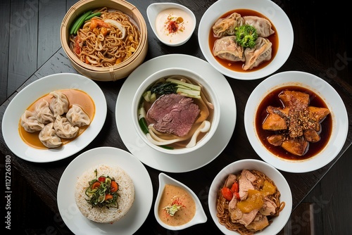 A photo of a dark wooden table with several dishes