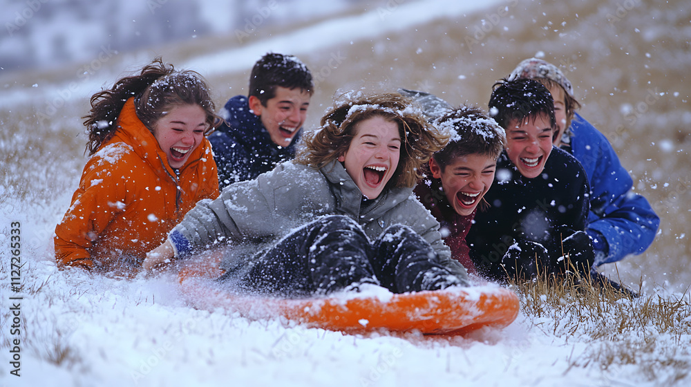 A group of teenagers laughing as they push each other on sleds down a snowy hill.