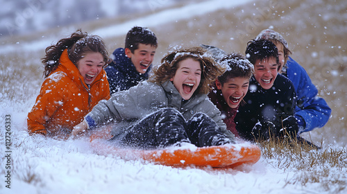 Obraz na płótnie A group of teenagers laughing as they push each other on sleds down a snowy hill. w salonie