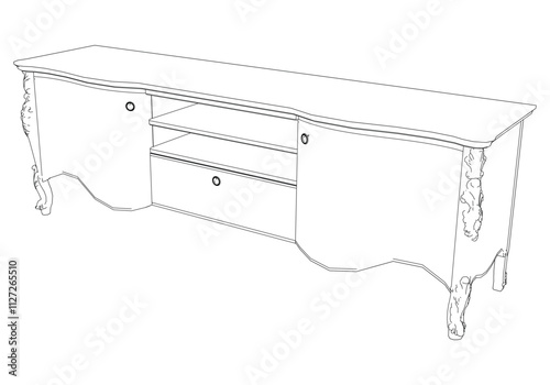 Elegant antique sideboard furniture and home interior decorations in trendy vintage retro style. Modern hand drawn black sketch vector illustrations isolated on white background