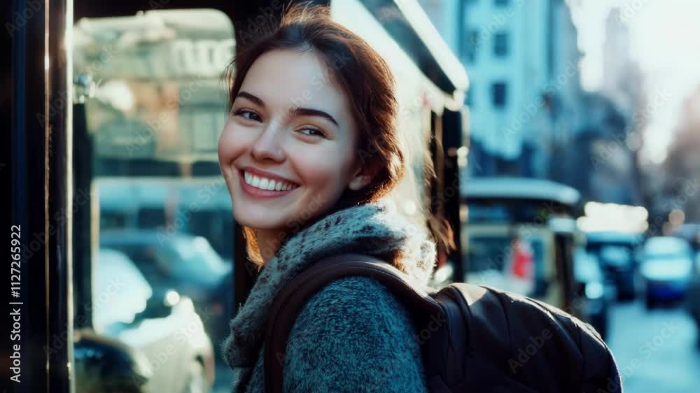 A cheerful college girl with a backpack boards a bus in a bustling city. The sun casts a warm glow, highlighting her friendly demeanor and the lively atmosphere around her