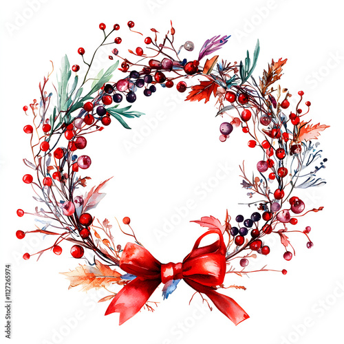 Watercolor Christmas Wreath with Red Berries and Bow photo