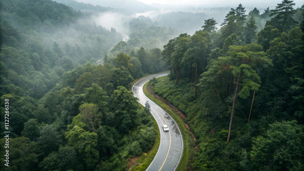 An aerial view of a curving road cutting through a dense, vibrant green forest An aerial view of a curving road cutting through a dense, vibrant green forest