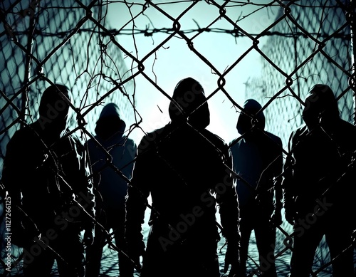 Chainlink fence with shadowy figures behind it, human trafficking, captivity