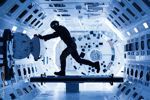 astronaut trainer demonstrating zero-gravity simulation, high-tech facility photo