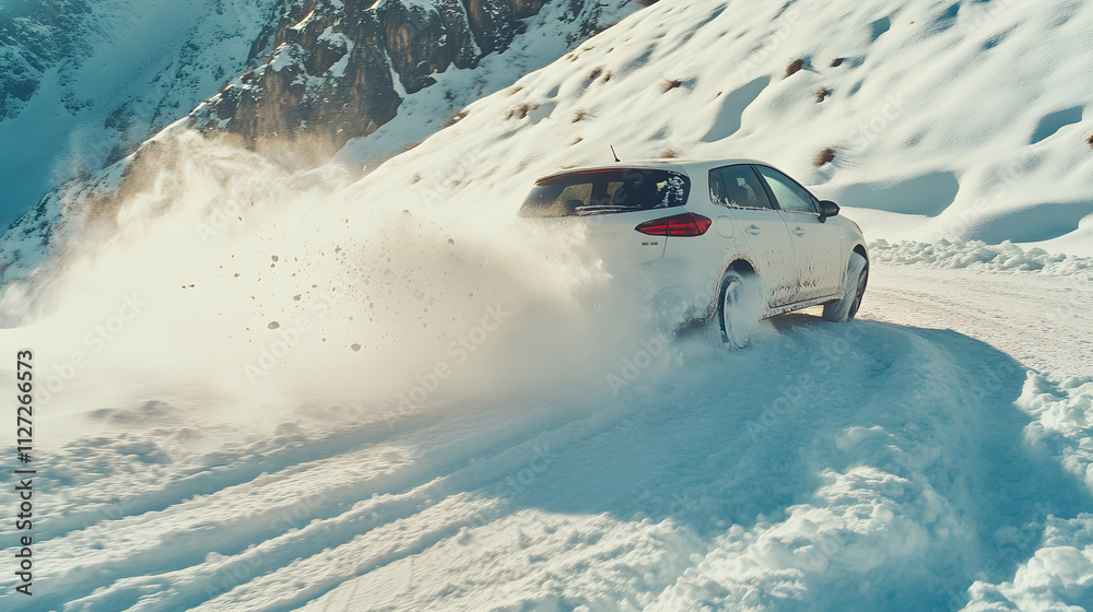 A hatchback attempting to turn on a snowy curve sliding uncontrollably into a snowbank.